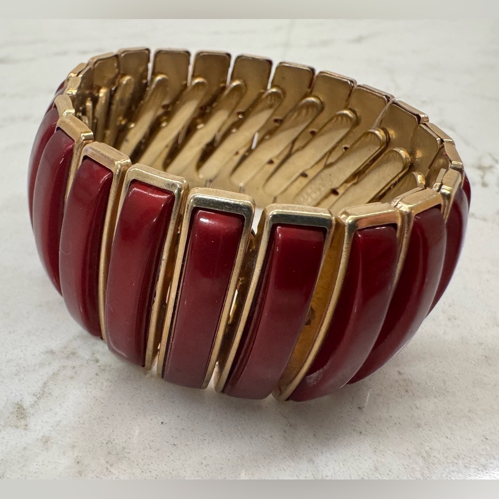 ❤️ Arpeggio Vintage Red & Gold-Tone Stretch Bracelet Bold Statement Bangle Cuff